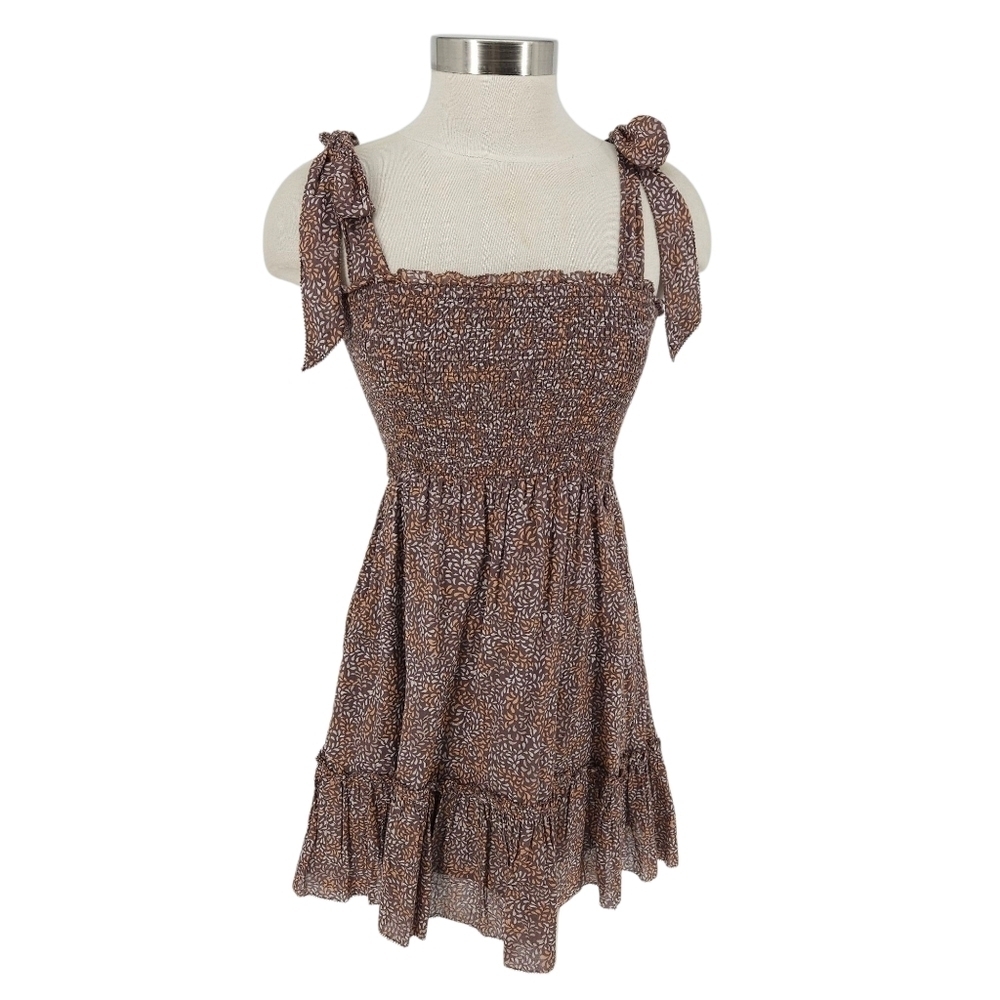 Aerie Fit Flare Dress Brown All Day Printed Smocked Sleeveless Tie Straps Small